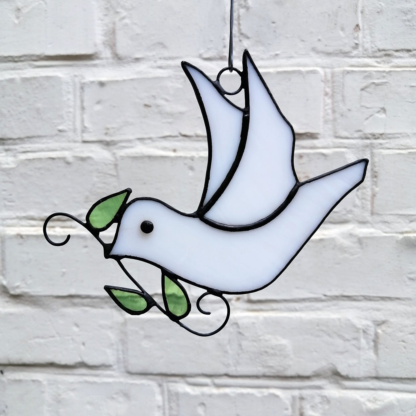 Flying White Dove with Olive Branch Stained Glass Suncatcher