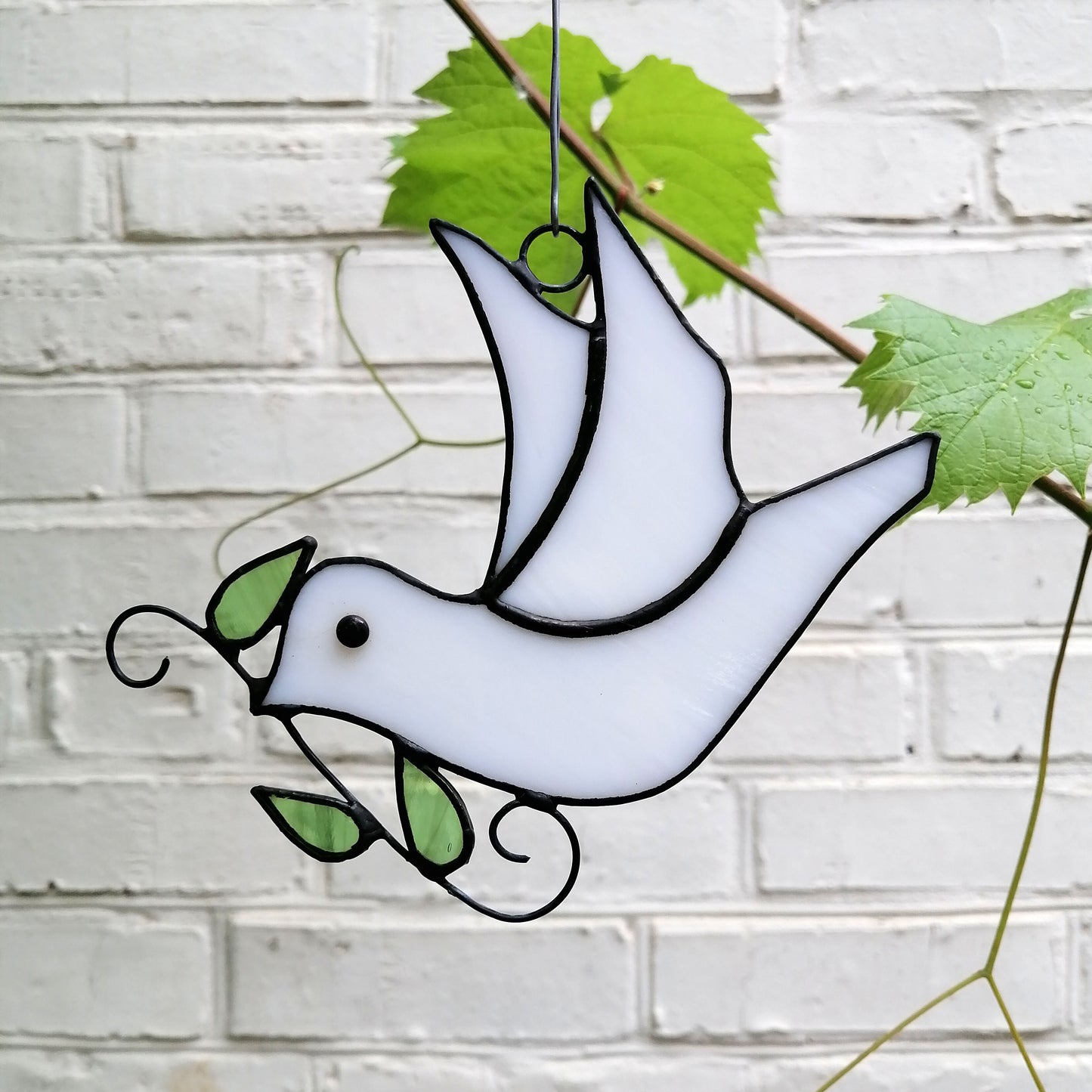 Flying White Dove with Olive Branch Stained Glass Suncatcher