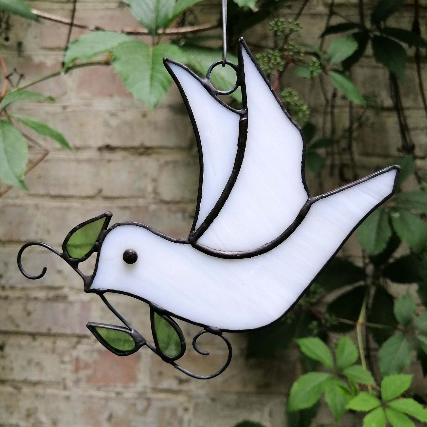 Flying White Dove with Olive Branch Stained Glass Suncatcher