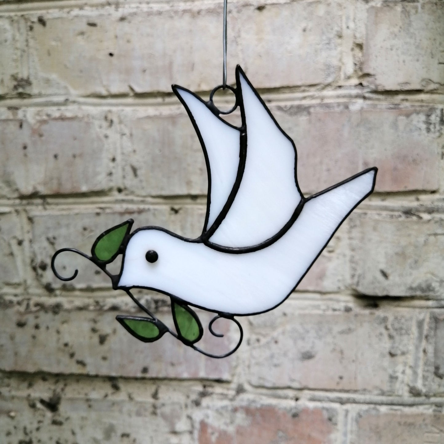 Flying White Dove with Olive Branch Stained Glass Suncatcher