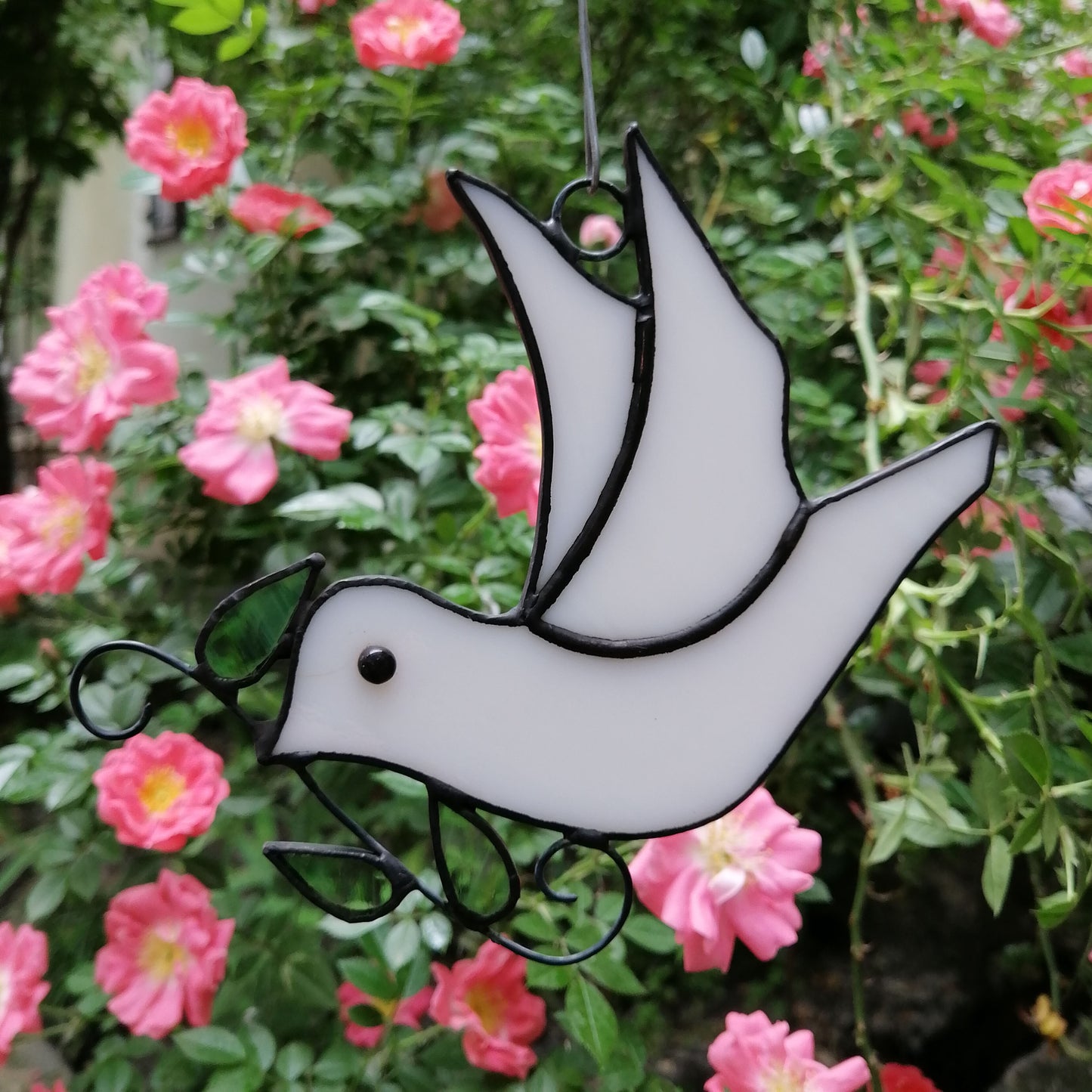 Flying White Dove with Olive Branch Stained Glass Suncatcher