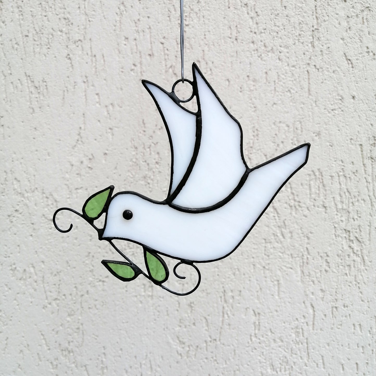 Flying White Dove with Olive Branch Stained Glass Suncatcher