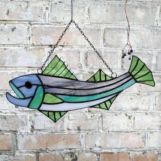 Large Striped Bass Stained Glass Fish Suncatcher