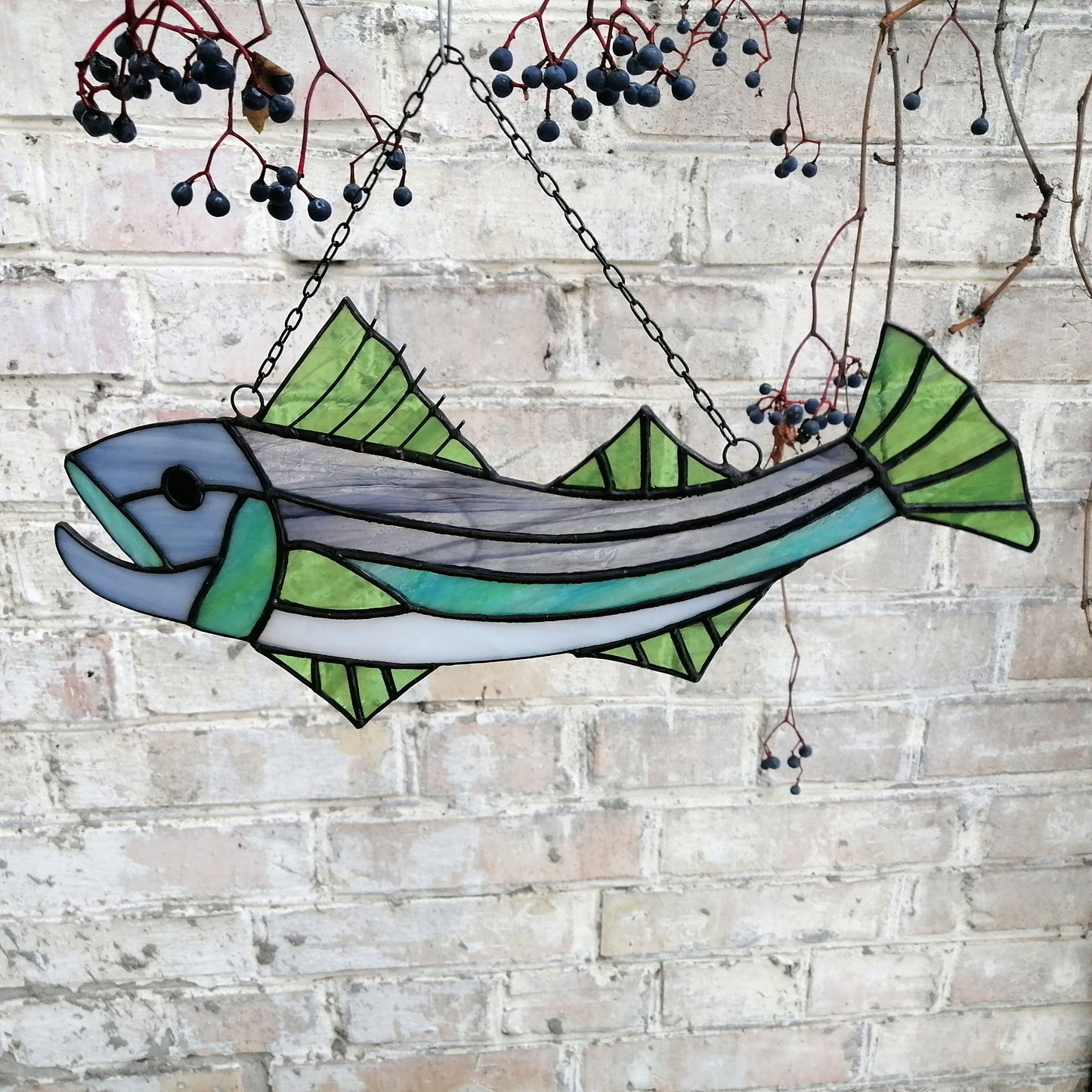 Large Striped Bass Stained Glass Fish Suncatcher