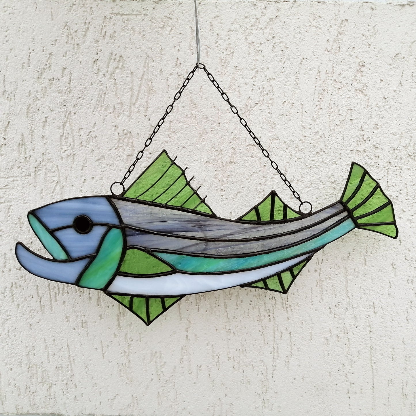 Large Striped Bass Stained Glass Fish Suncatcher