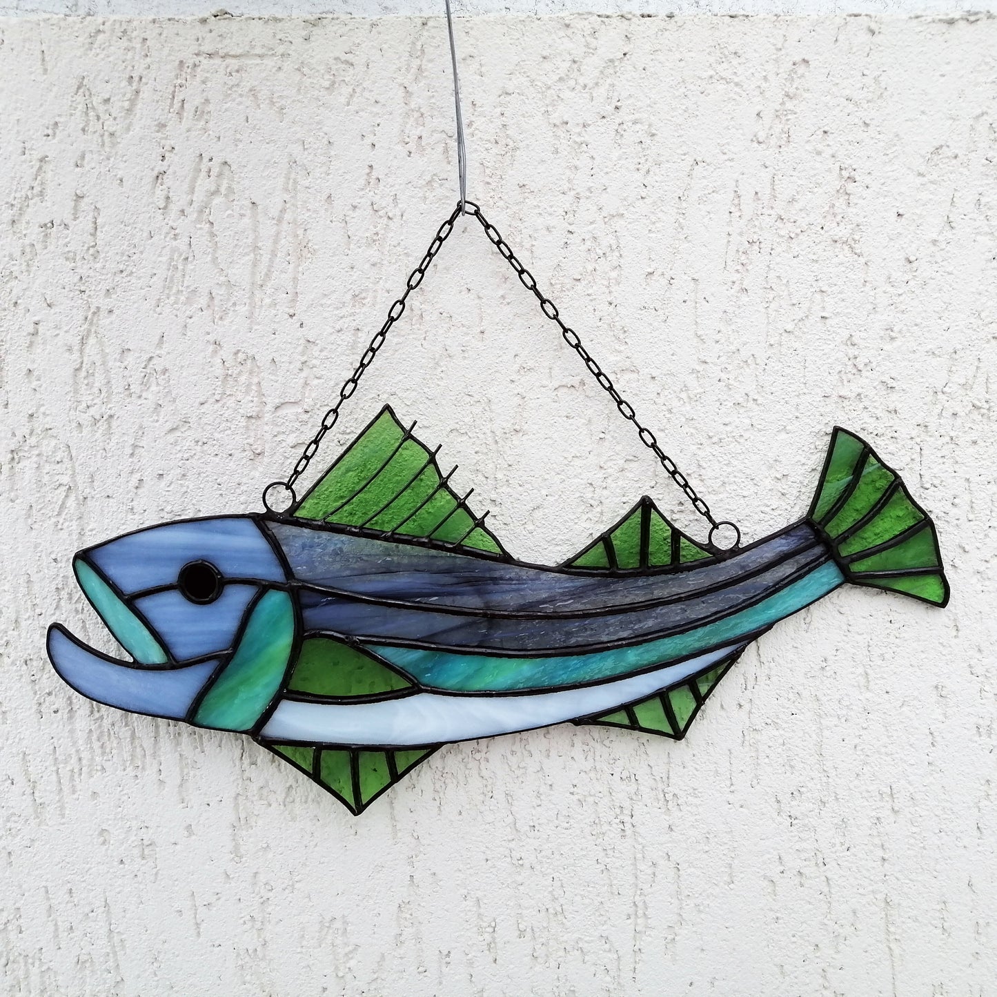 Large Striped Bass Stained Glass Fish Suncatcher