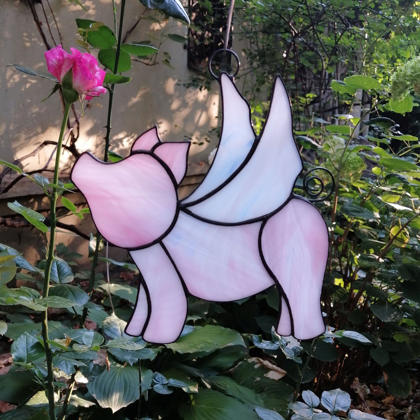 Cute Pink Flying Pig Stained Glass Suncatcher