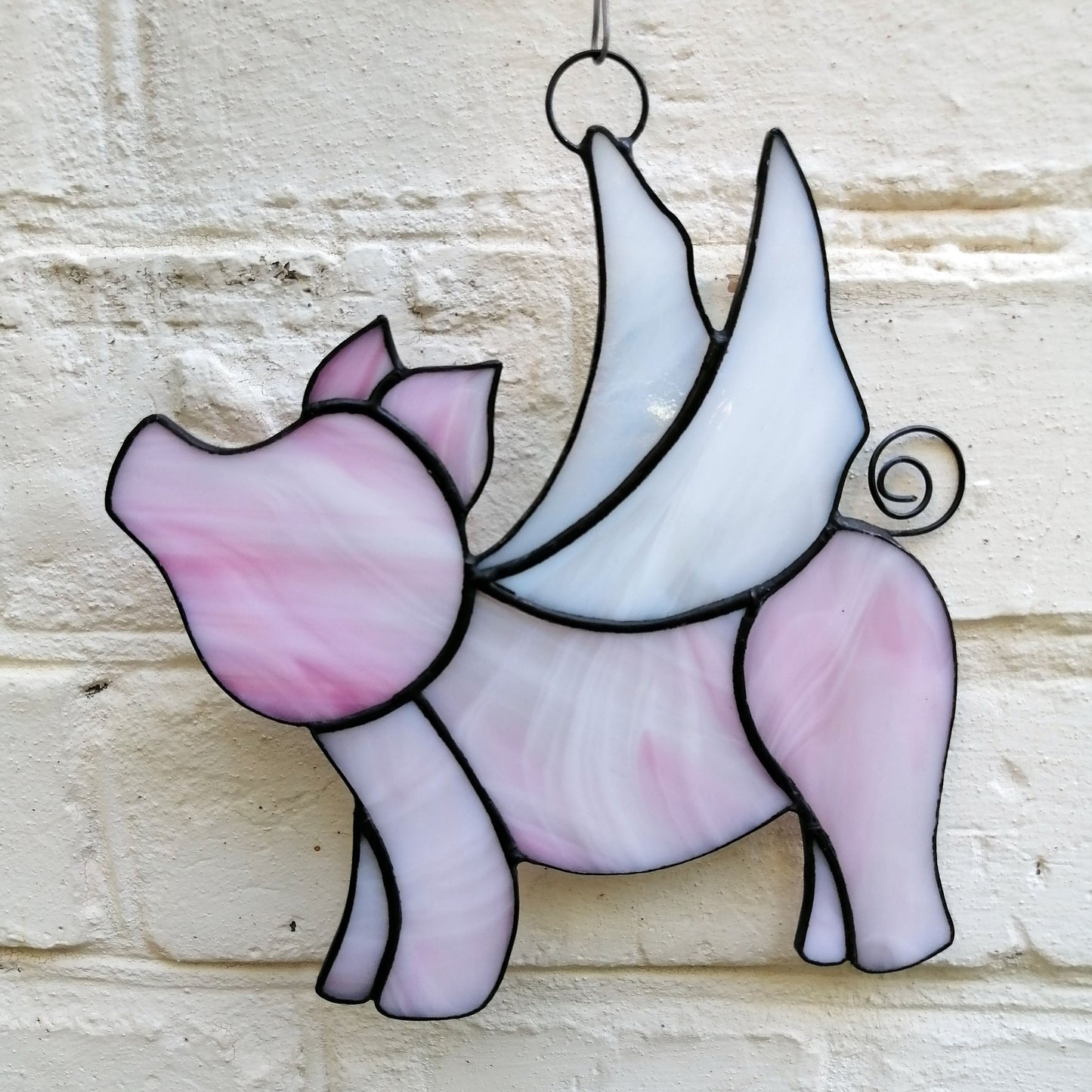 Cute Pink Flying Pig Stained Glass Suncatcher