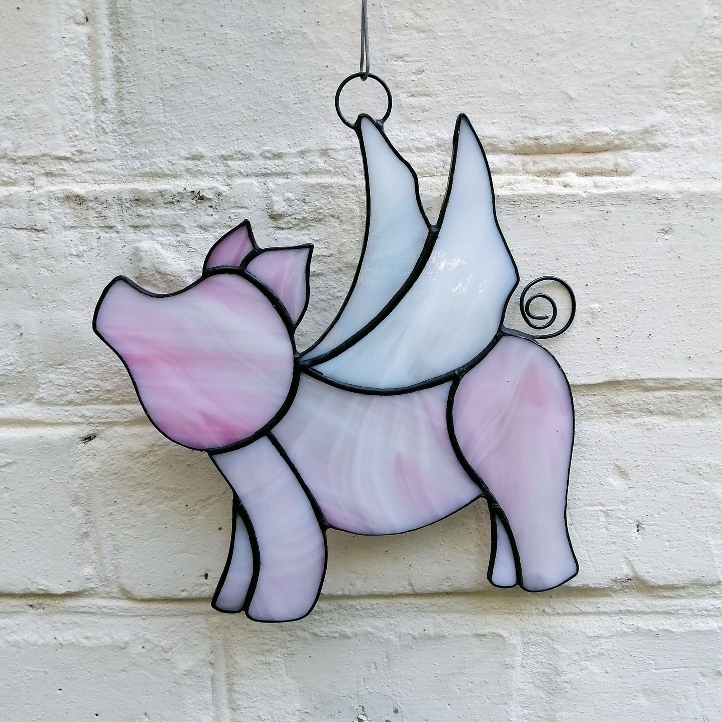 Cute Pink Flying Pig Stained Glass Suncatcher