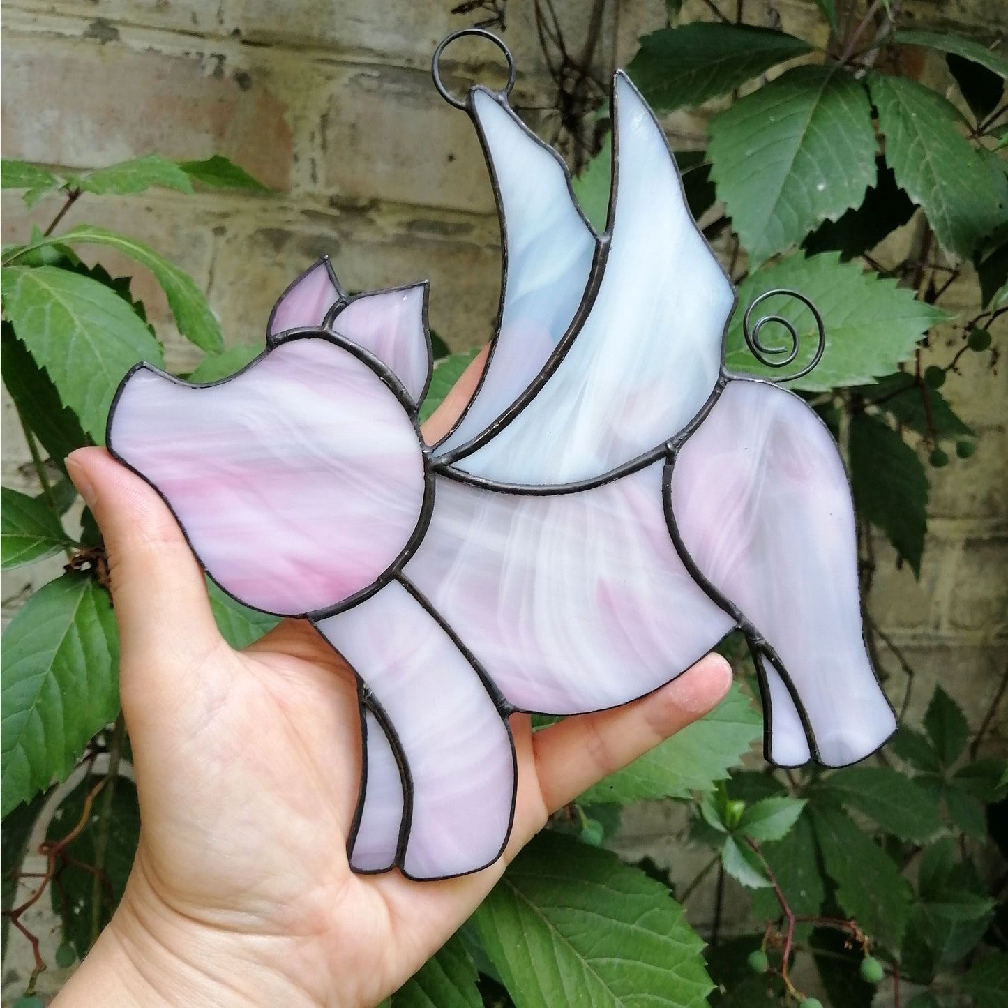 Cute Pink Flying Pig Stained Glass Suncatcher