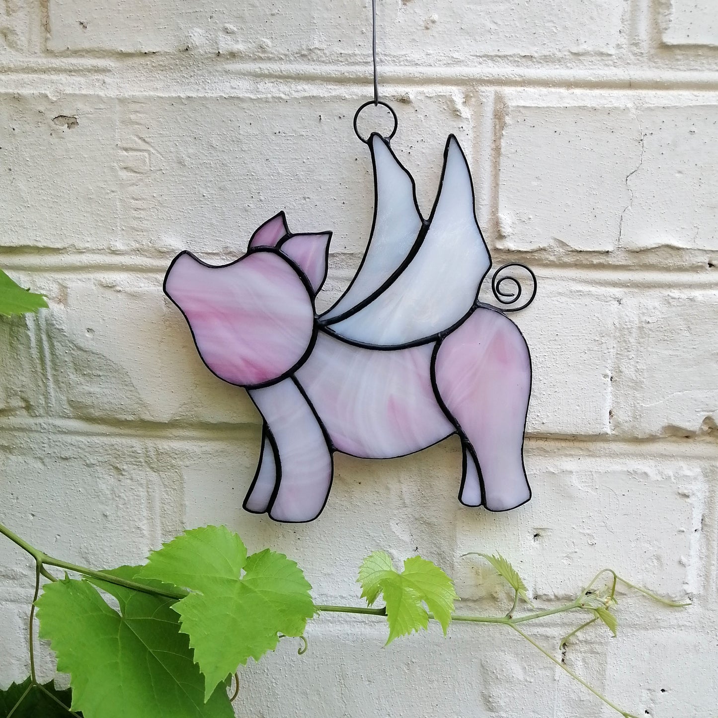 Cute Pink Flying Pig Stained Glass Suncatcher