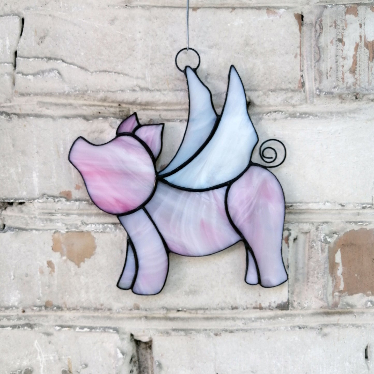 Cute Pink Flying Pig Stained Glass Suncatcher