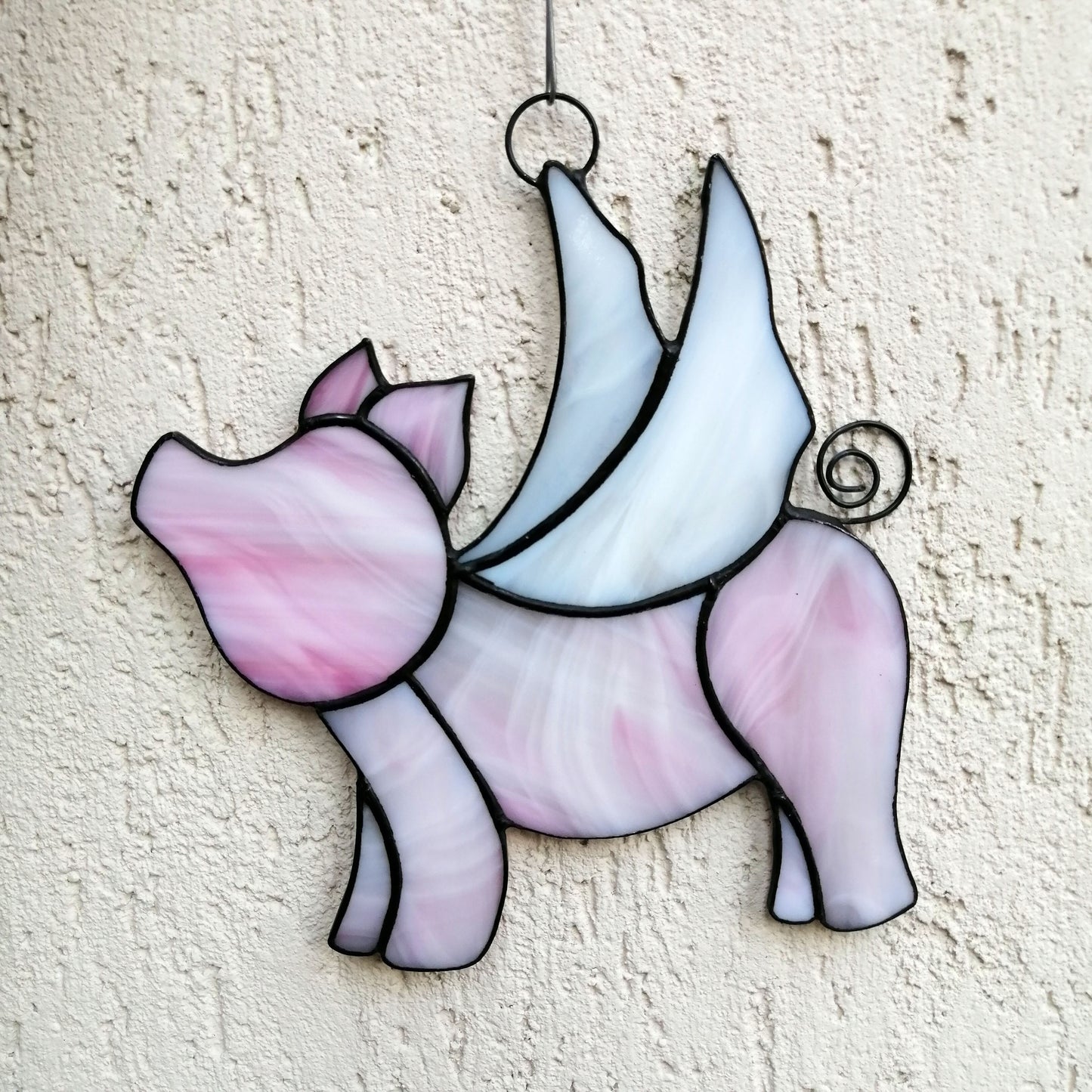 Cute Pink Flying Pig Stained Glass Suncatcher