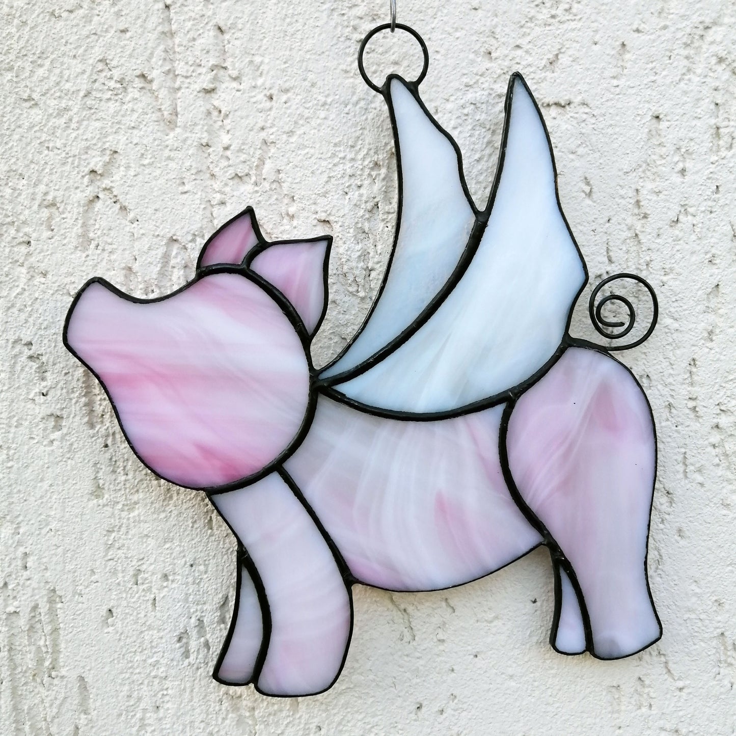 Cute Pink Flying Pig Stained Glass Suncatcher