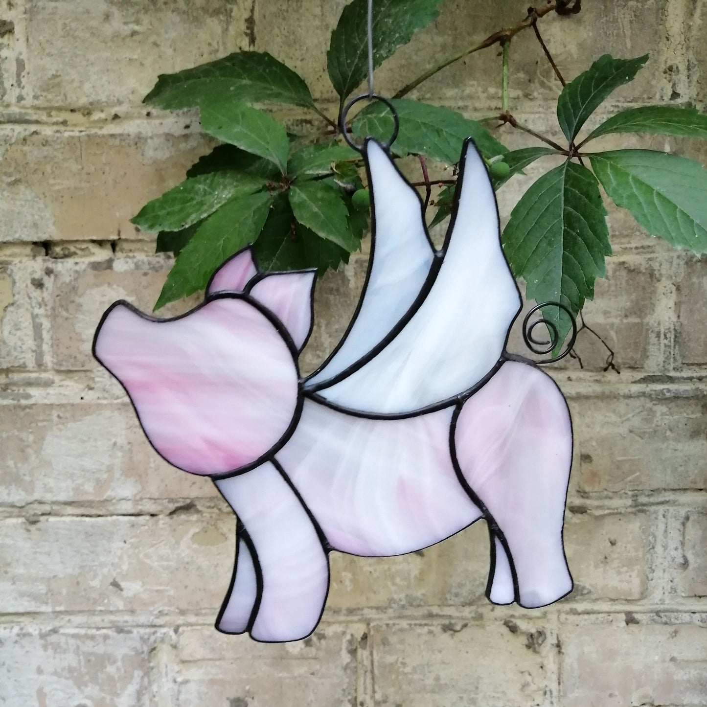 Cute Pink Flying Pig Stained Glass Suncatcher