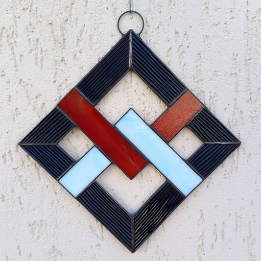 Geometric Abstract Lattice Stained Glass Suncatcher Mid Century Modern Diamond Panel