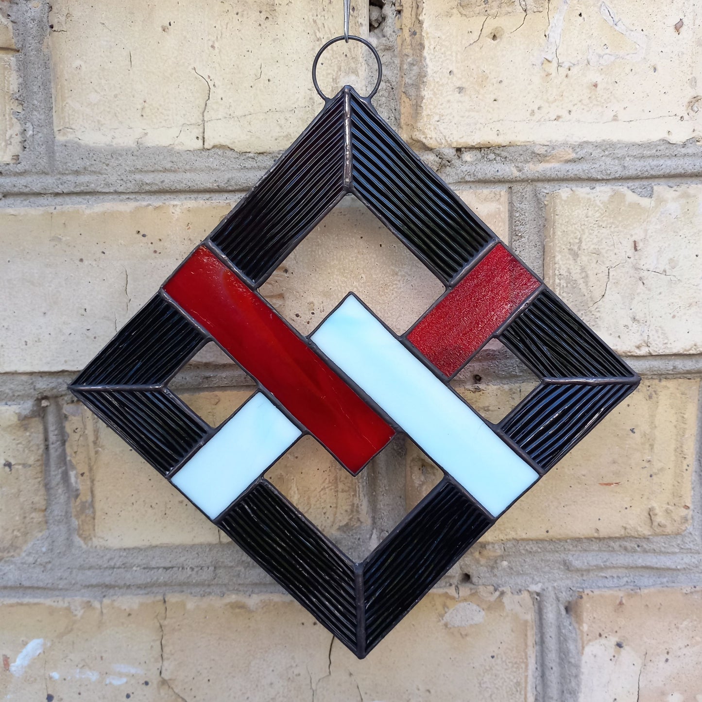 Geometric Abstract Lattice Stained Glass Suncatcher Mid Century Modern Diamond Panel