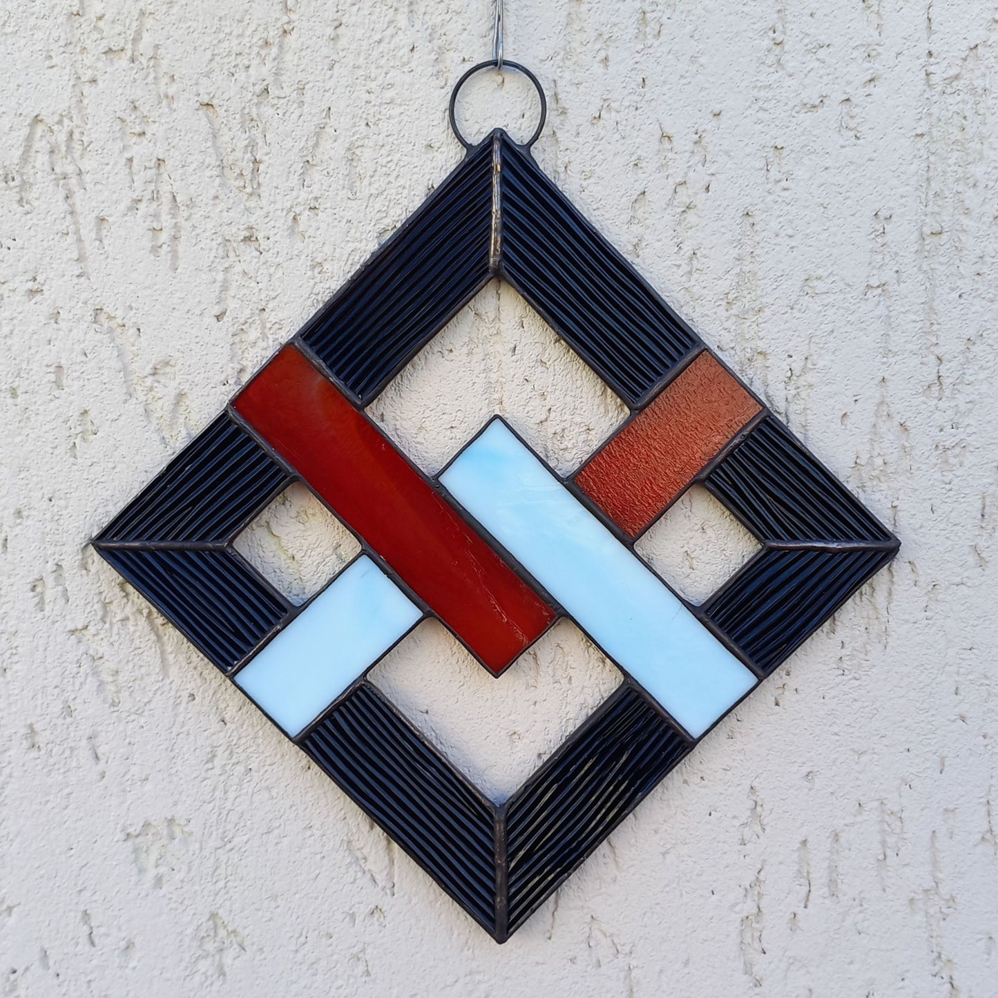 Geometric Abstract Lattice Stained Glass Suncatcher Mid Century Modern Diamond Panel