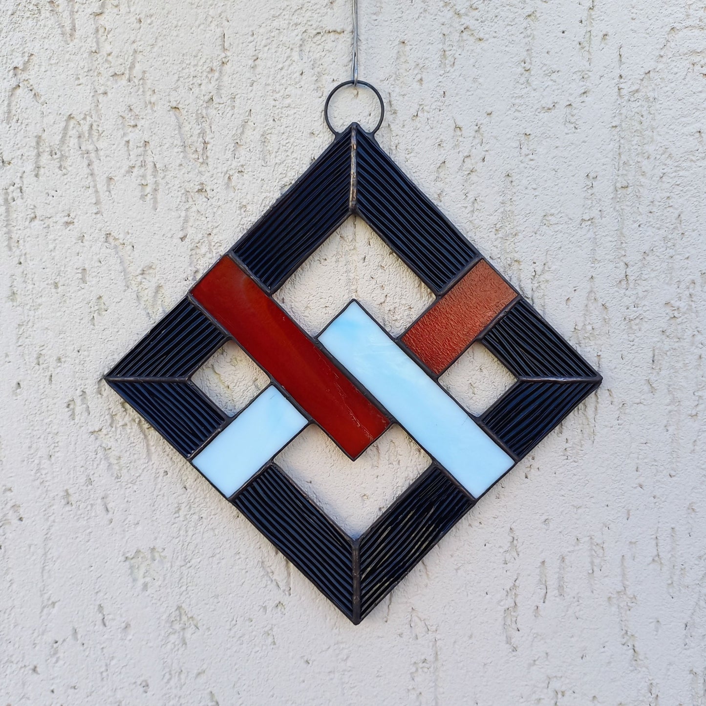 Geometric Abstract Lattice Stained Glass Suncatcher Mid Century Modern Diamond Panel