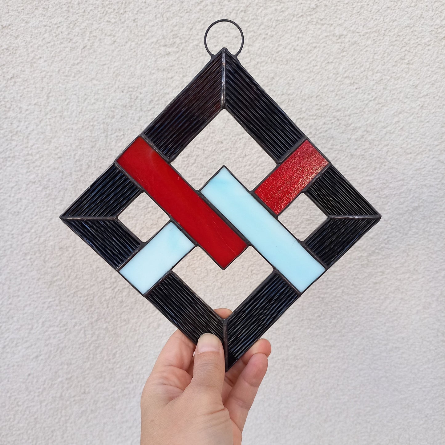 Geometric Abstract Lattice Stained Glass Suncatcher Mid Century Modern Diamond Panel