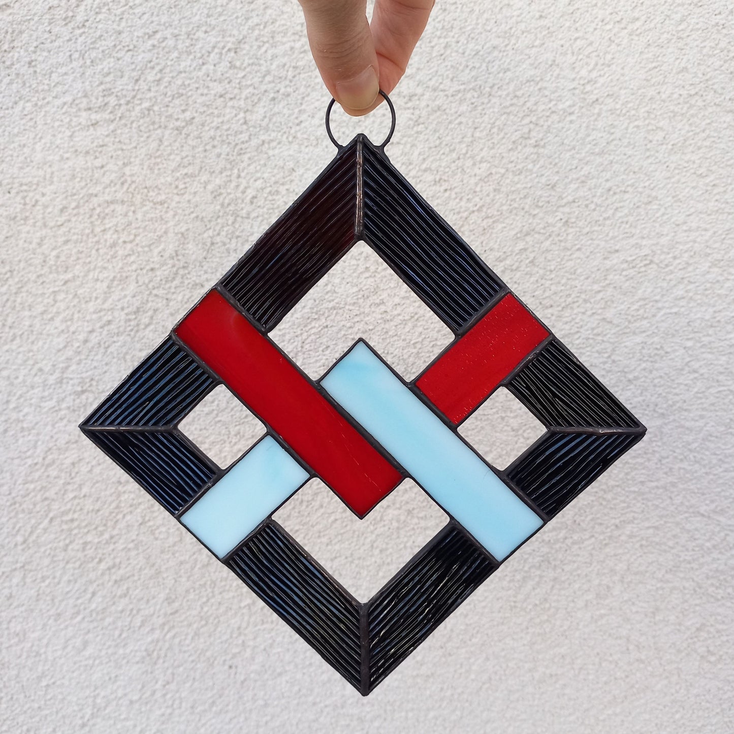 Geometric Abstract Lattice Stained Glass Suncatcher Mid Century Modern Diamond Panel