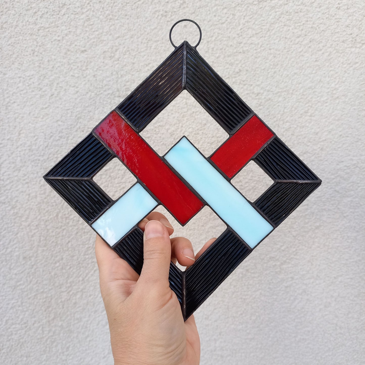Geometric Abstract Lattice Stained Glass Suncatcher Mid Century Modern Diamond Panel
