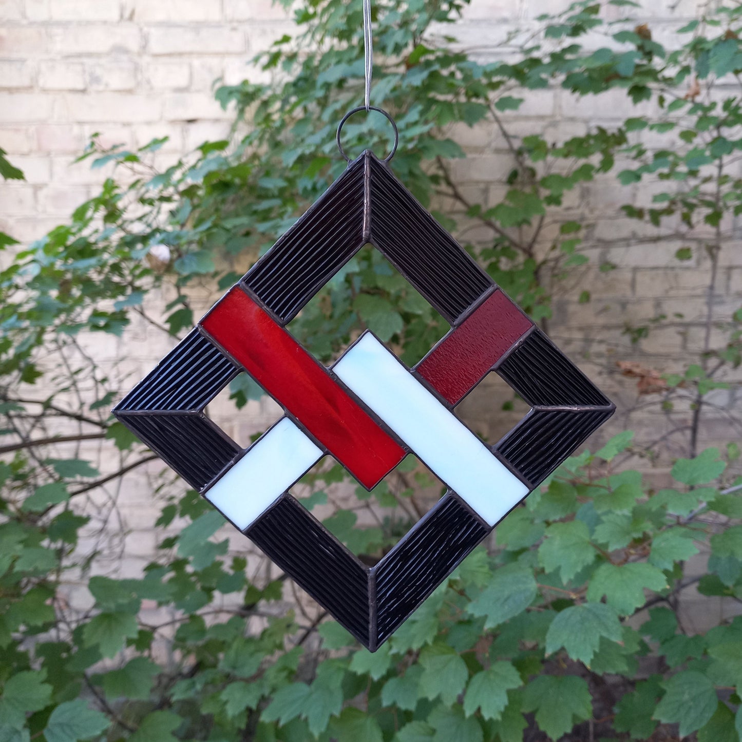 Geometric Abstract Lattice Stained Glass Suncatcher Mid Century Modern Diamond Panel