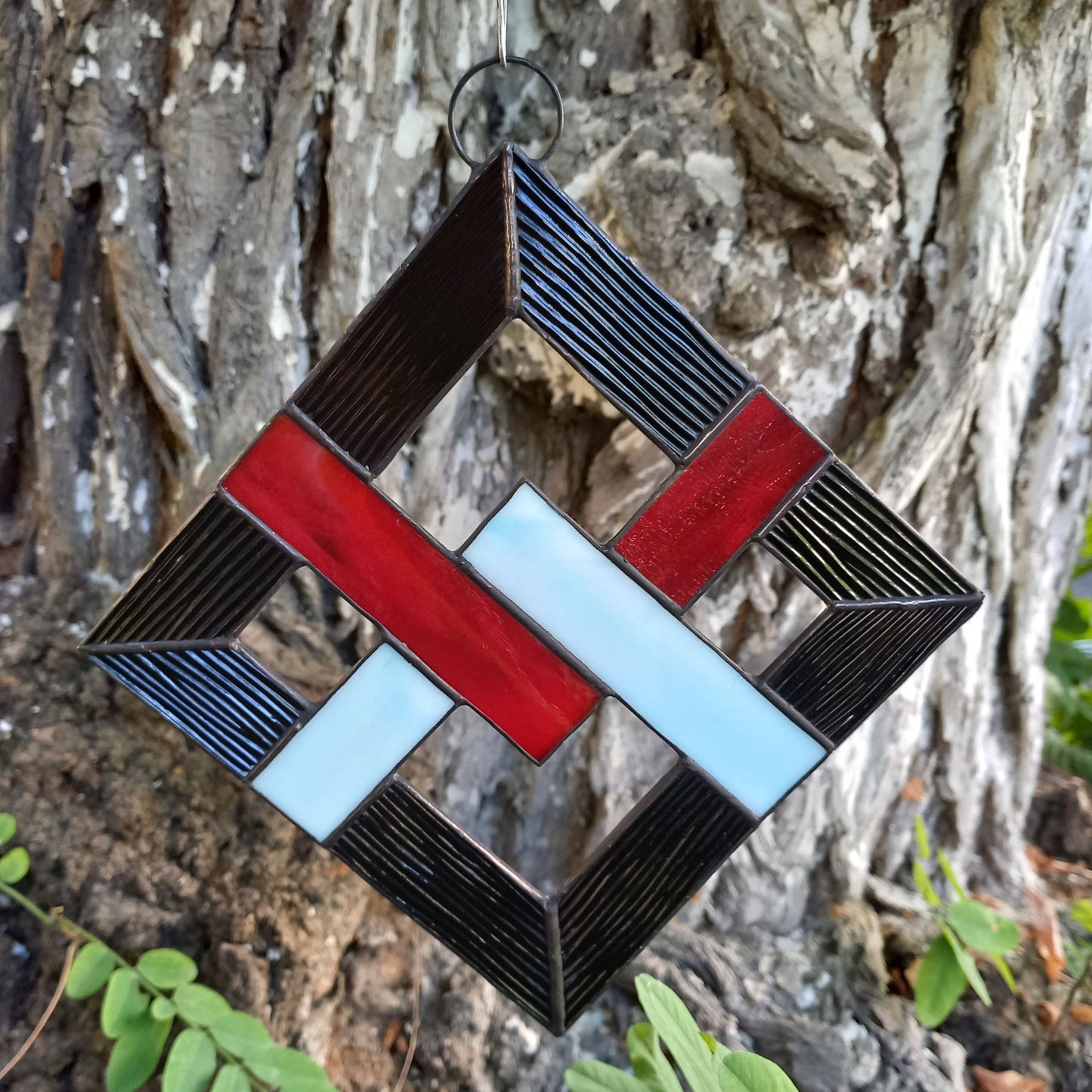 Geometric Abstract Lattice Stained Glass Suncatcher Mid Century Modern Diamond Panel