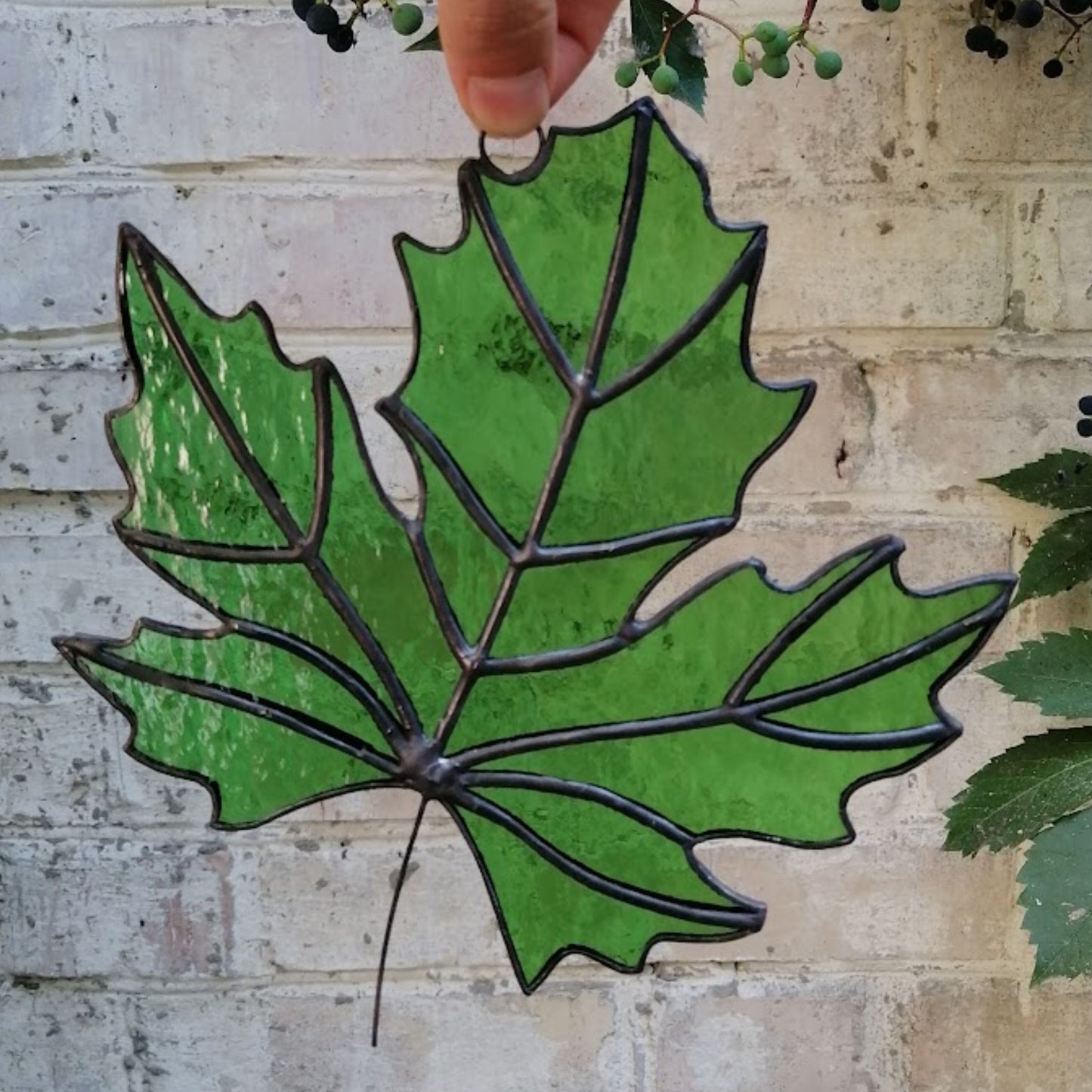 Green Maple Leaf Stained Glass Suncatcher