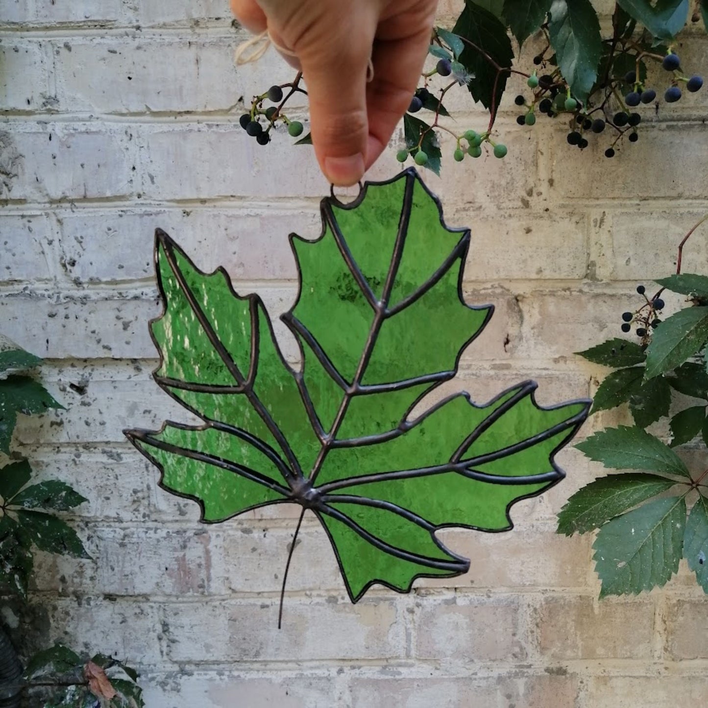 Green Maple Leaf Stained Glass Suncatcher