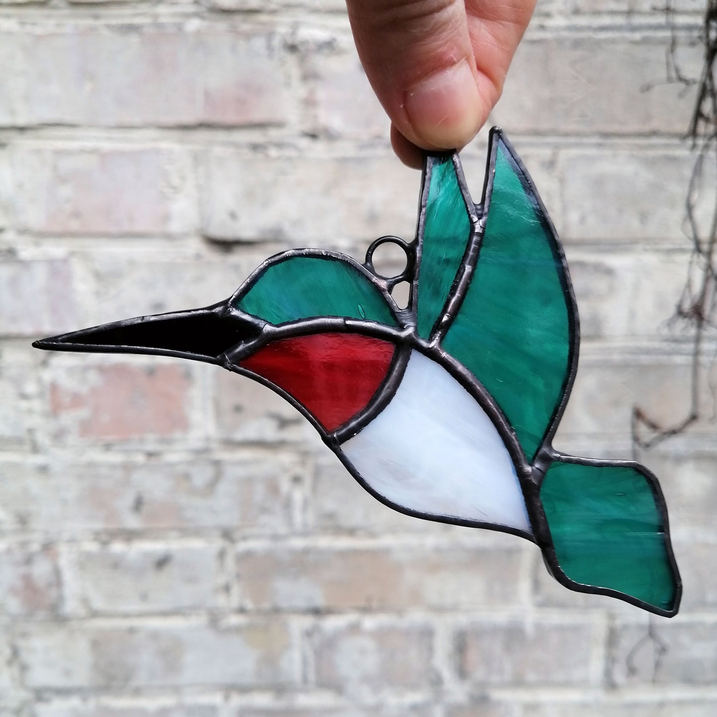 Ruby Throated Hummingbird Stained Glass Suncatcher