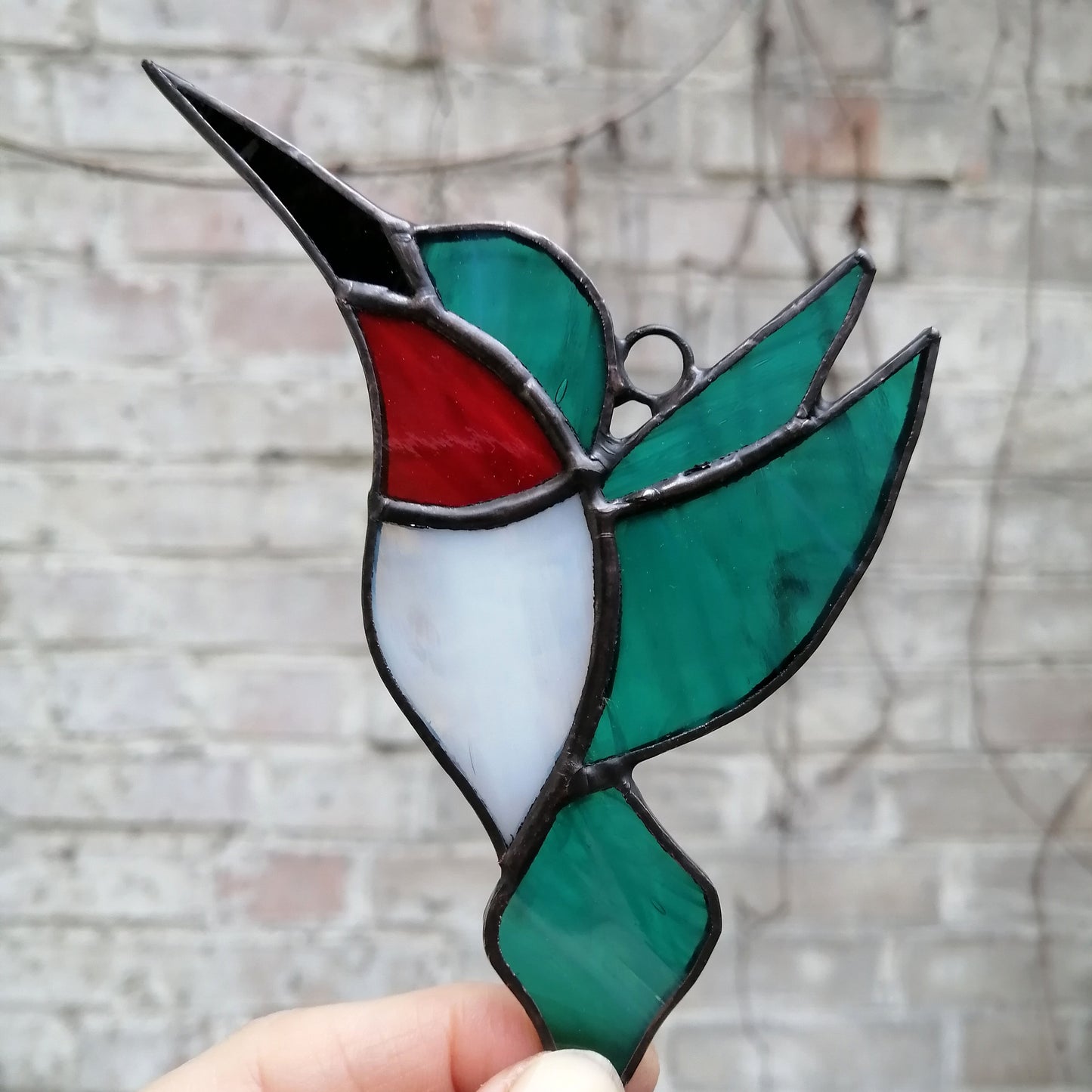 Ruby Throated Hummingbird Stained Glass Suncatcher