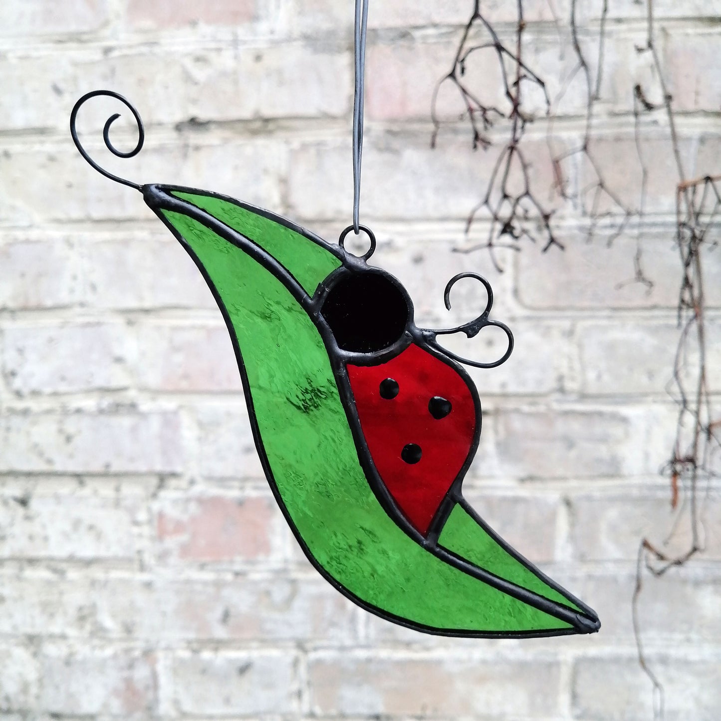 Ladybug on a Leaf Stained Glass Suncatcher