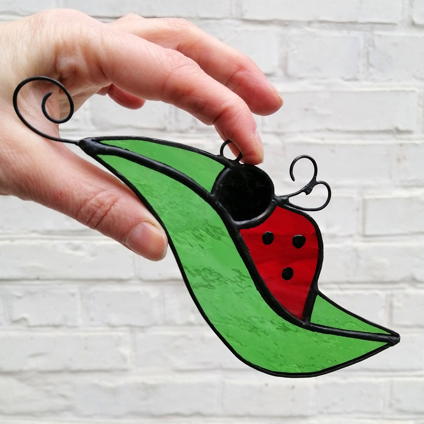 Ladybug on a Leaf Stained Glass Suncatcher