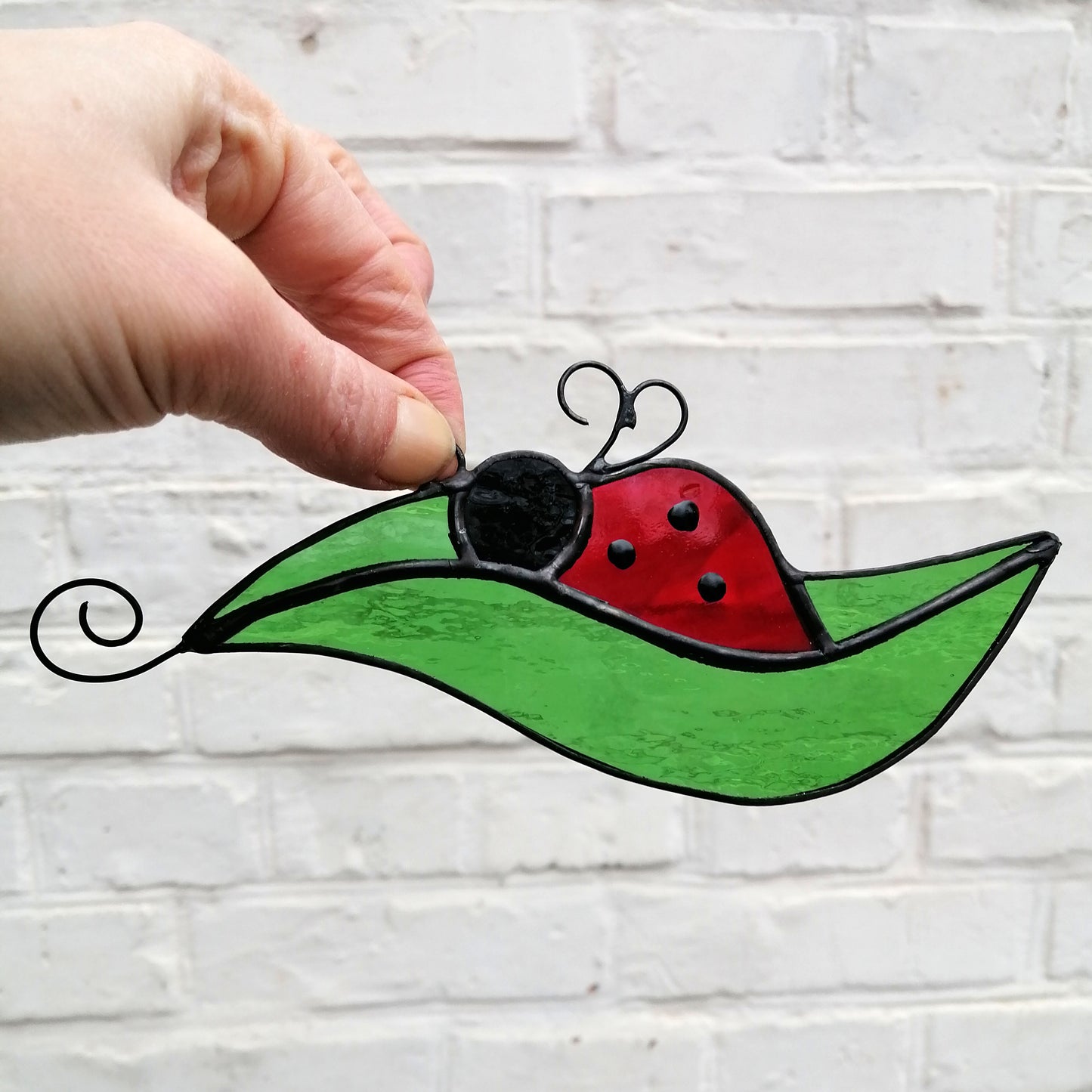 Ladybug on a Leaf Stained Glass Suncatcher