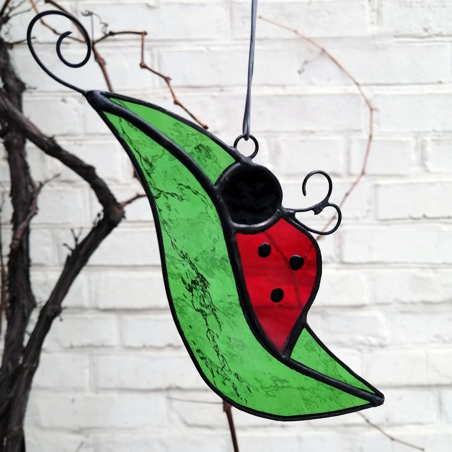 Ladybug on a Leaf Stained Glass Suncatcher