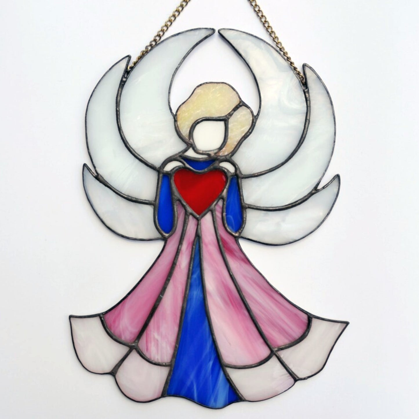 Large Guardian Angel with Red Heart Stained Glass Suncatcher