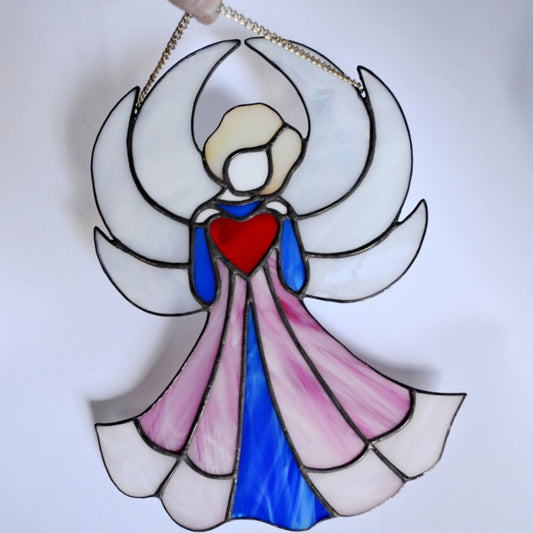 Large Guardian Angel with Red Heart Stained Glass Suncatcher