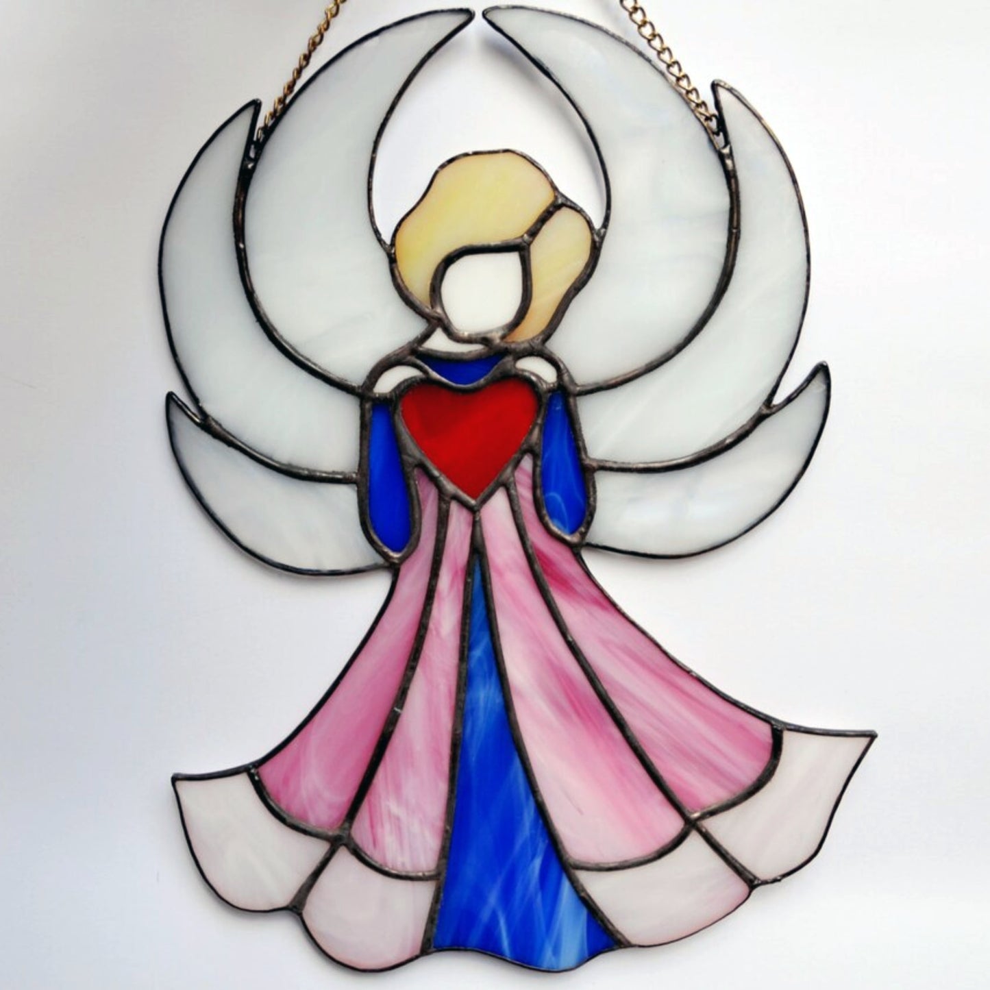 Large Guardian Angel with Red Heart Stained Glass Suncatcher