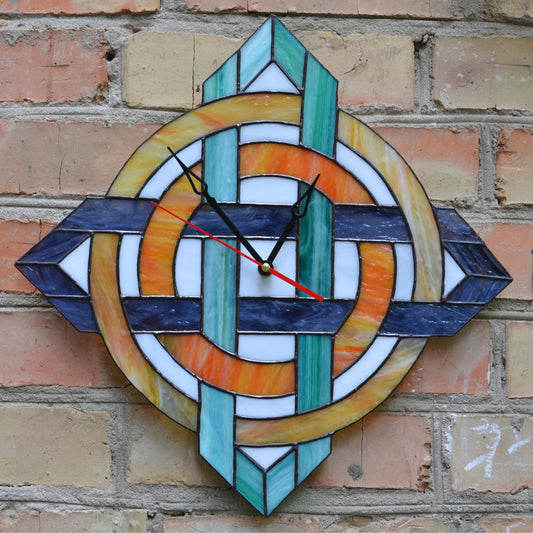 Large Colorful Mid Century Modern Stained Glass Wall Clock 17 Inch