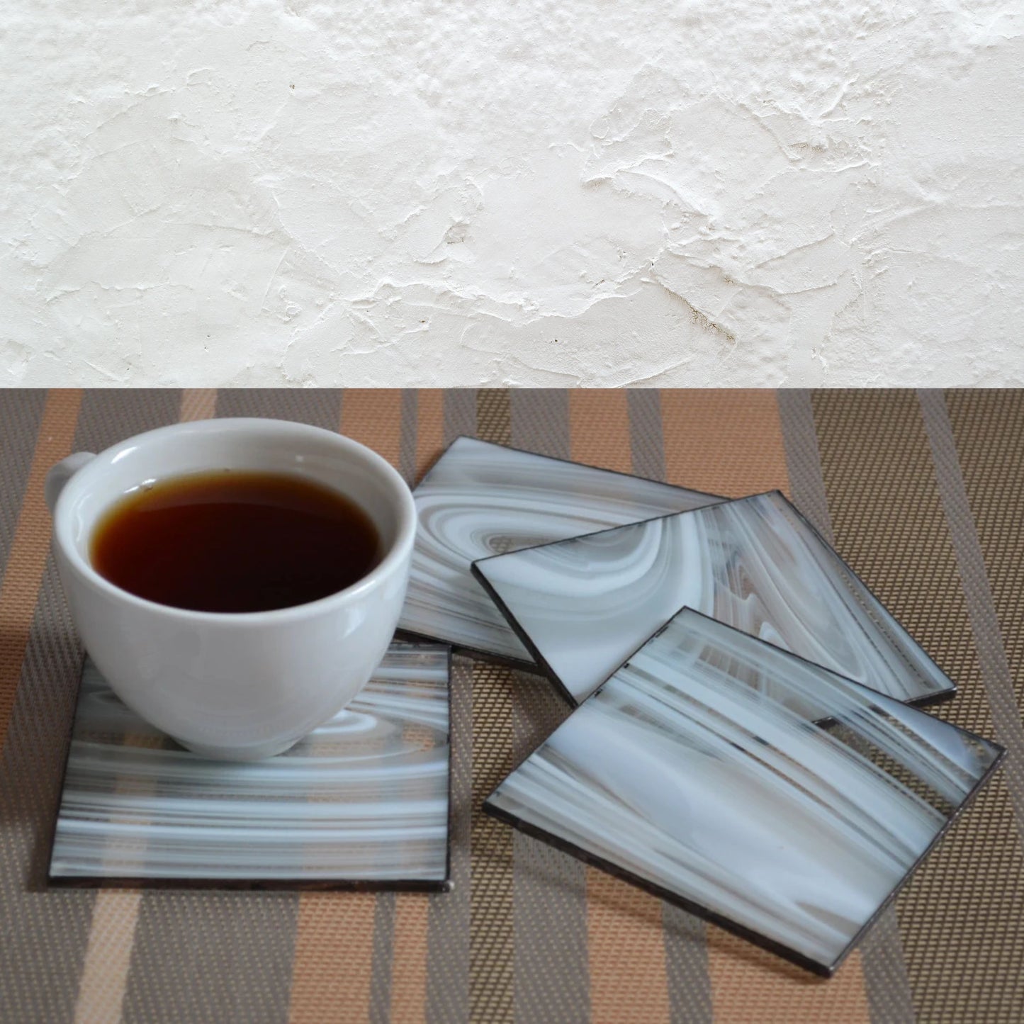 Minimalist Square Stained Glass Coasters Set of 4 White Clear