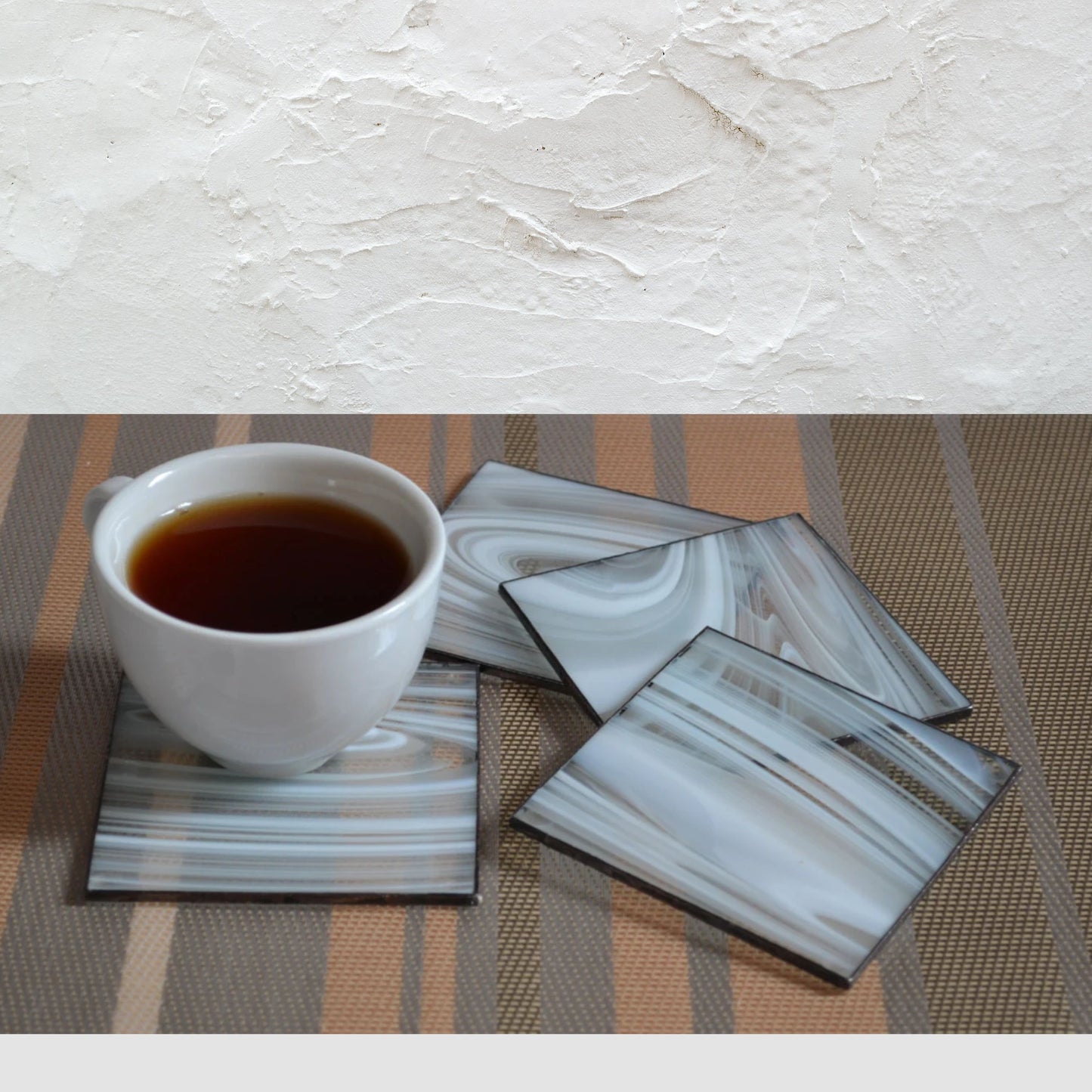 Minimalist Square Stained Glass Coasters Set of 4 White Clear