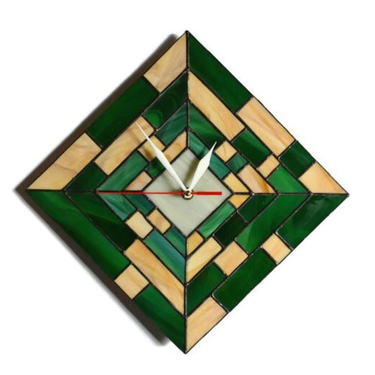 Large Modern Stained Glass Wall Clock Green Brown 14 Inch