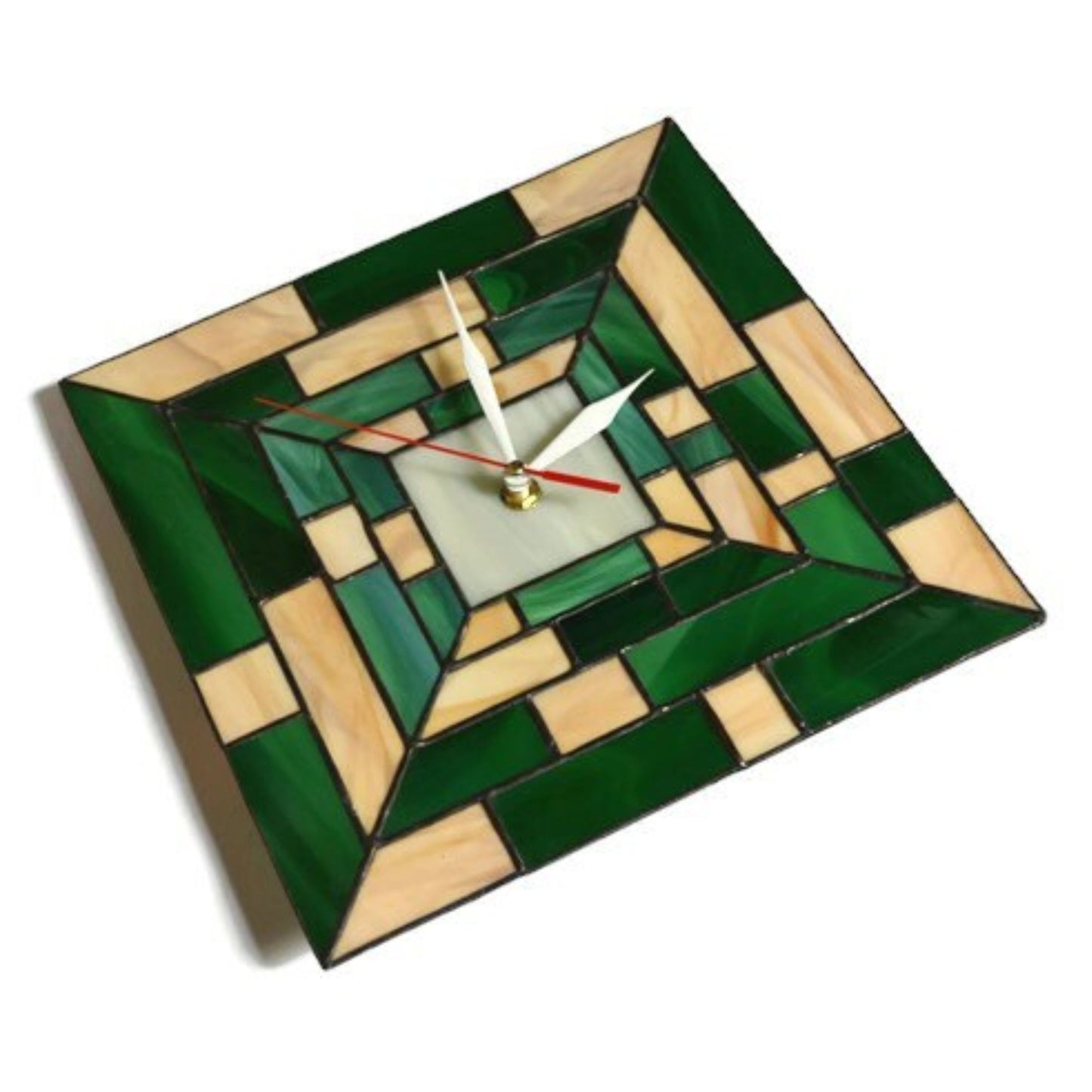 Large Modern Stained Glass Wall Clock Green Brown 14 Inch