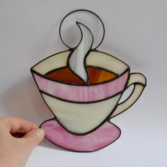 Pink Coffee Cup Stained Glass Suncatcher