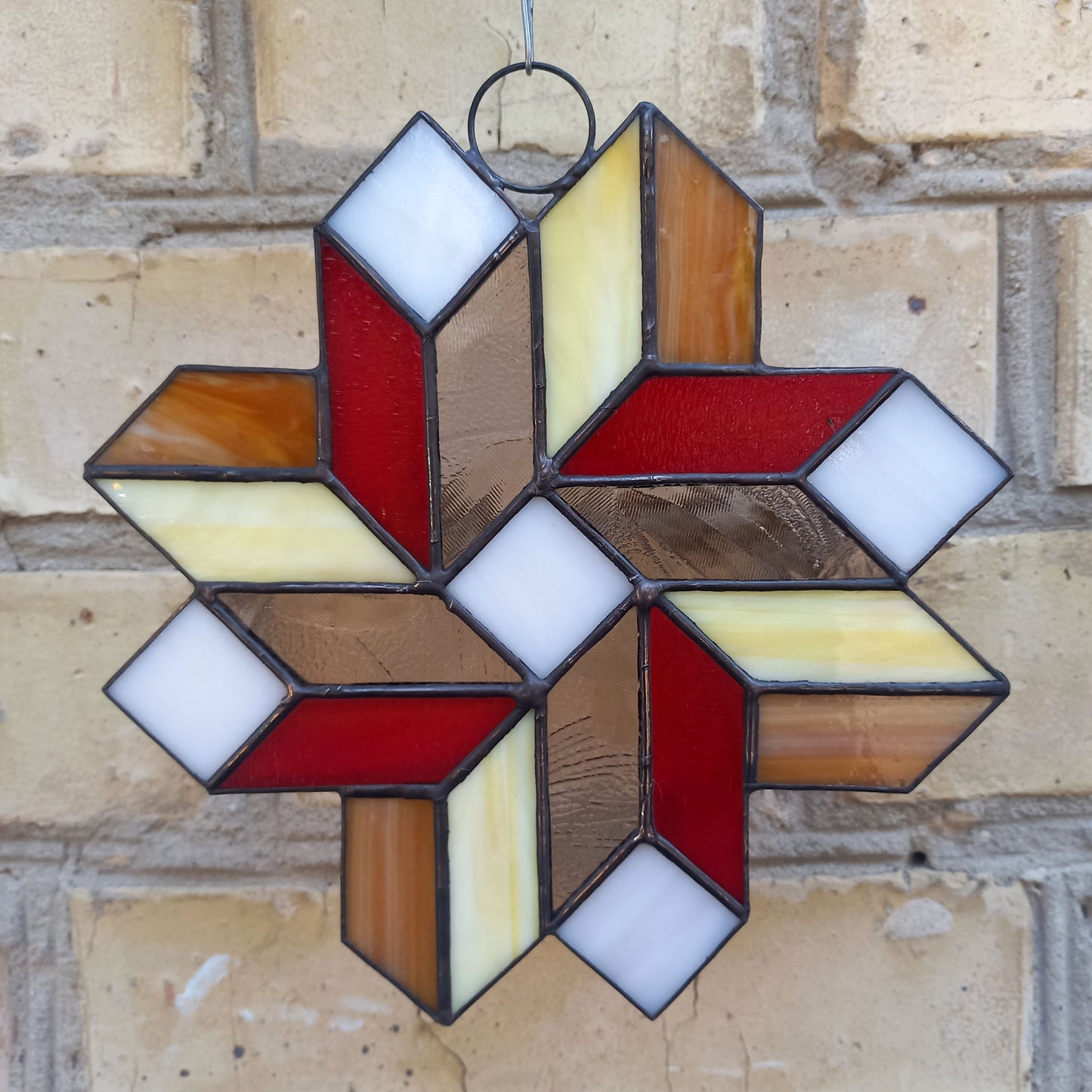 Geometric Quilt Star Stained Glass Suncatcher 3D Optical Illusion in Fall Colors