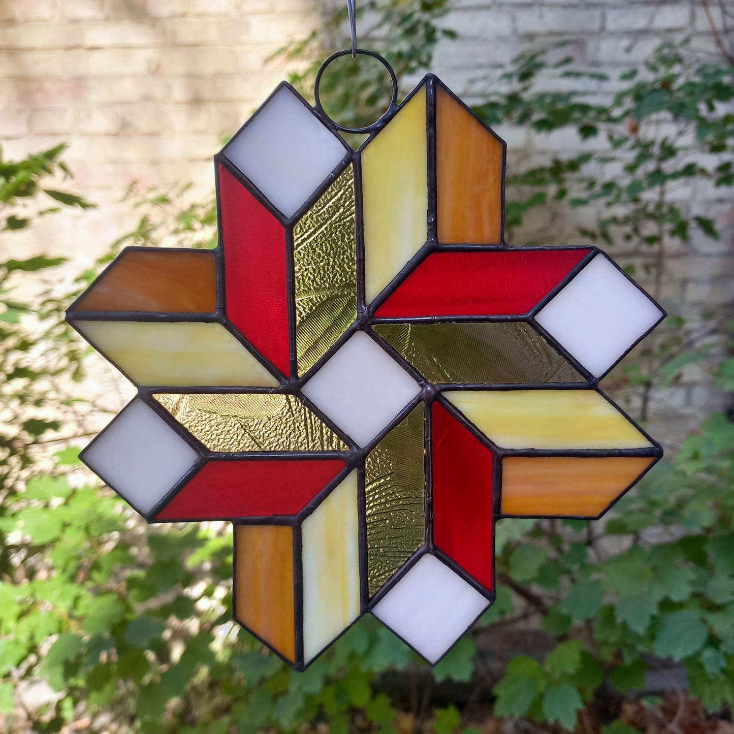 Geometric Quilt Star Stained Glass Suncatcher 3D Optical Illusion in Fall Colors