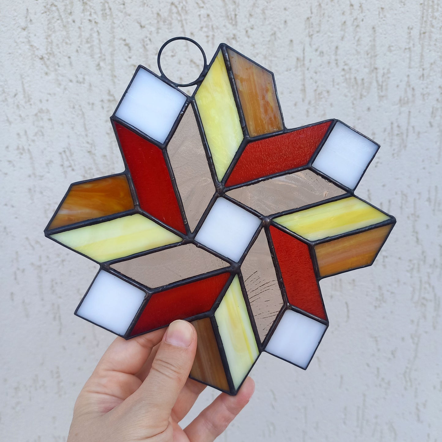 Geometric Quilt Star Stained Glass Suncatcher 3D Optical Illusion in Fall Colors