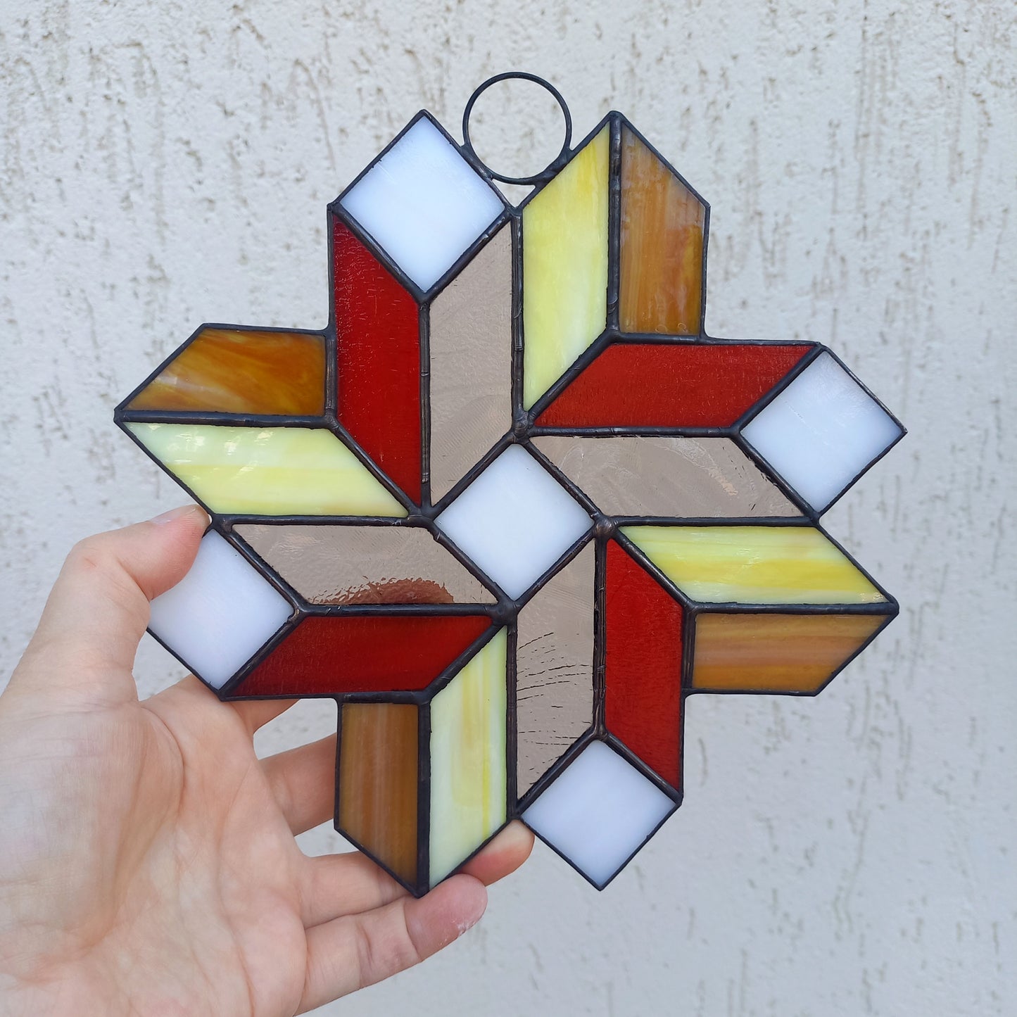 Geometric Quilt Star Stained Glass Suncatcher 3D Optical Illusion in Fall Colors