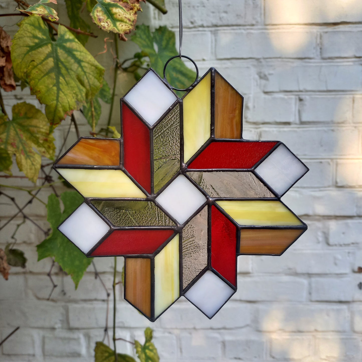 Geometric Quilt Star Stained Glass Suncatcher 3D Optical Illusion in Fall Colors